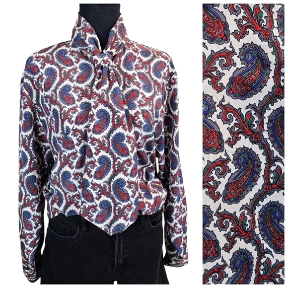 Leslie Fay Other - Vintage 1970s Leslie Fay Paisley Bow Collar Blouse Size Medium Red White Retro